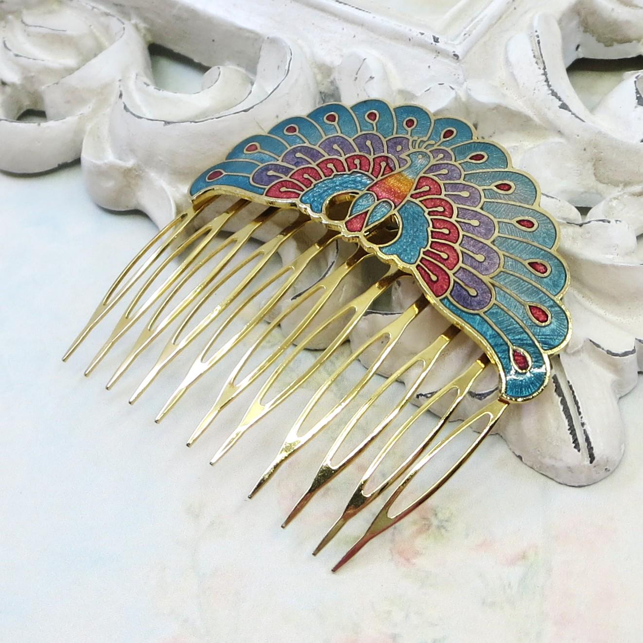 Vintage Cloisonne Hair Comb, Vintage Enamel Hair Comb  display picture 1