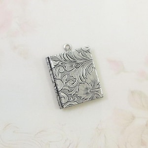 Book Locket, Brass Flower Locket, Tapestry Locket, Antiqued Sterling Silver, US Made, 1 piece