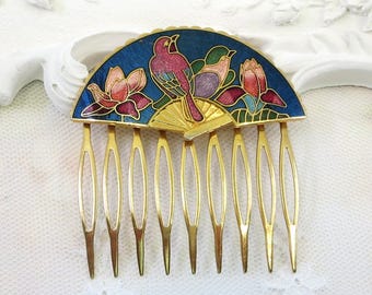 Vintage Cloisonne Hair Comb, Vintage Enamel Hair Comb, Bird  display picture 2