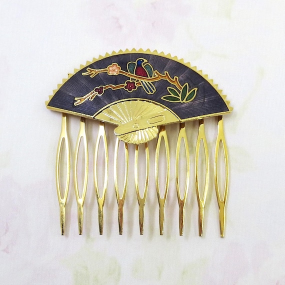 Vintage Cloisonné Bird & Floral Hair Comb Vintage Cobalt Blue Cloisonne Hair Comb, Bird Flower  main image 4