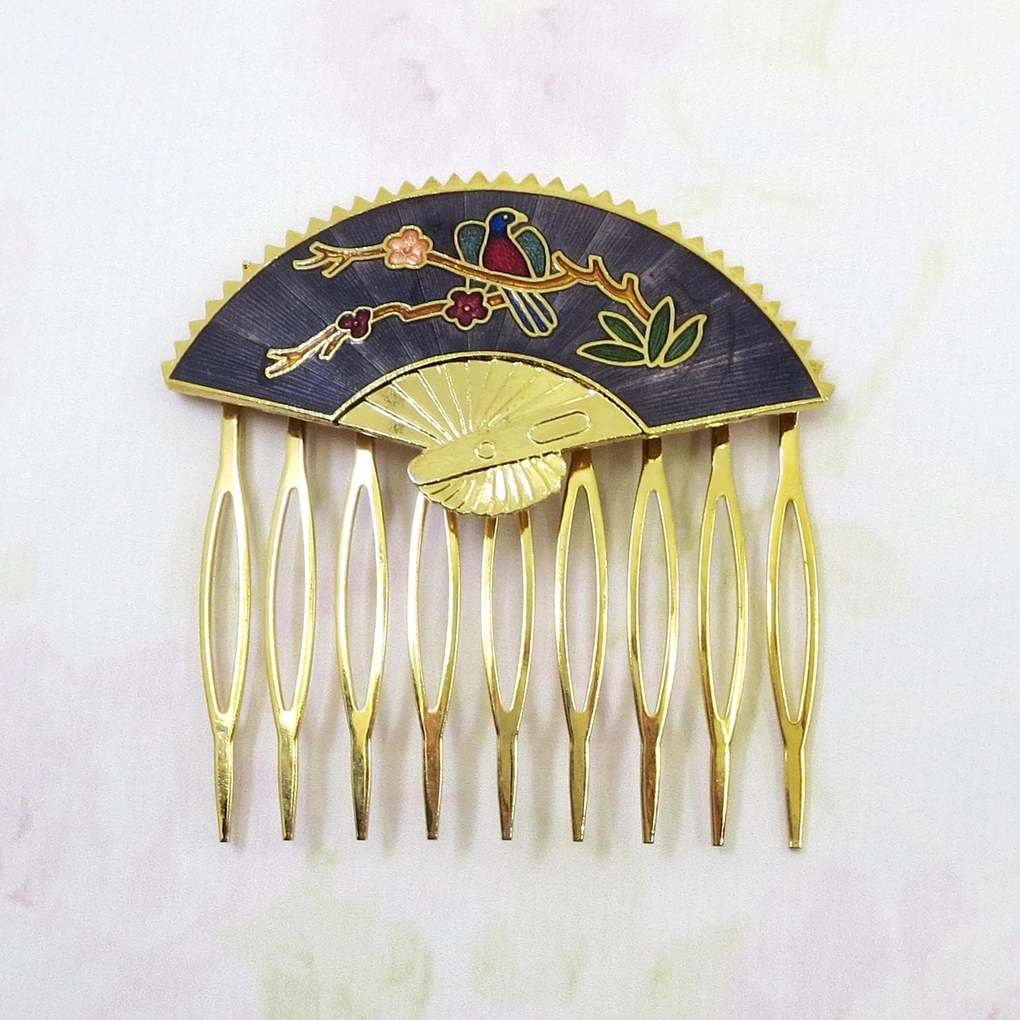 Cloisonne Gold Floral Enamel Hair Comb - Elegant Women\'s Accessory CLOISONNÉ Enamel Metal Floral Hair Clip COMB GOLD TONE Multi  main image 4
