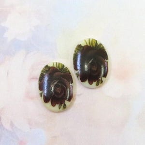 Vintage German Milk Glass Cabochon, Vintage Decal Dark Purple Rose Cabochon, 18x13mm, 2 pieces