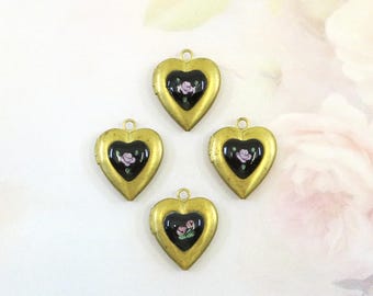 Vintage Enamel Heart Locket, Guilloche Heart, Small Brass Heart Locket, Pink Flower Locket, 1 piece