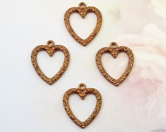 Vintage Heart Charms, Open Etched Hearts, 16x14mm, 4 pieces
