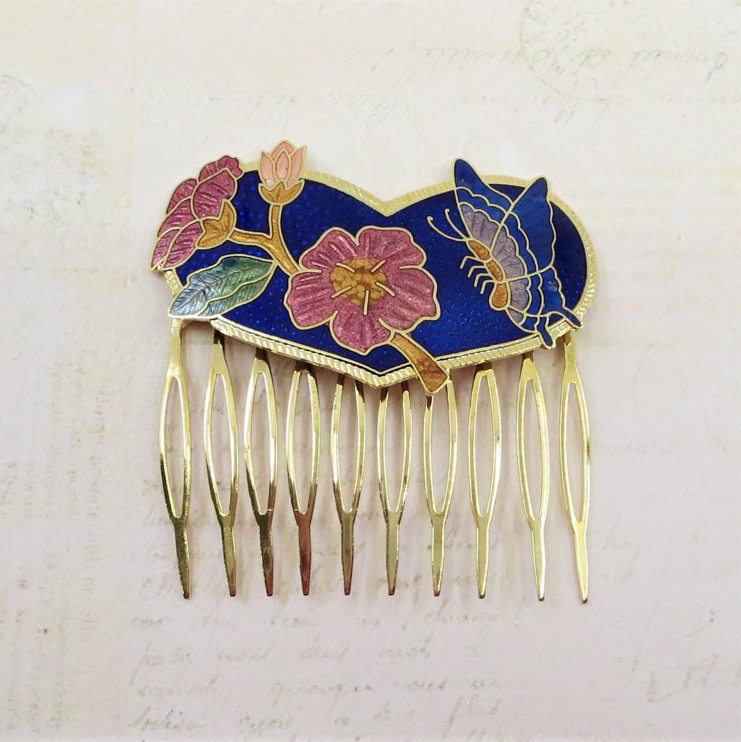 Vintage Cloisonne Hair Comb, Vintage Enamel Hair Comb, Hair  display picture 1