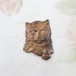 Vintage Brass Pouting Kitty, RARE Old Brass Cat Stamping, 1 piece