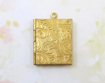 Book Locket, Brass Flower Locket, Tapestry Locket, Raw Brass Locket, US Made, 1 piece
