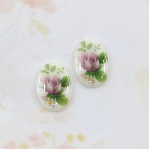 Vintage German Porcelain Glass Cabochon, Mauve Pink Rose Cab, 18x13mm, 2 pieces