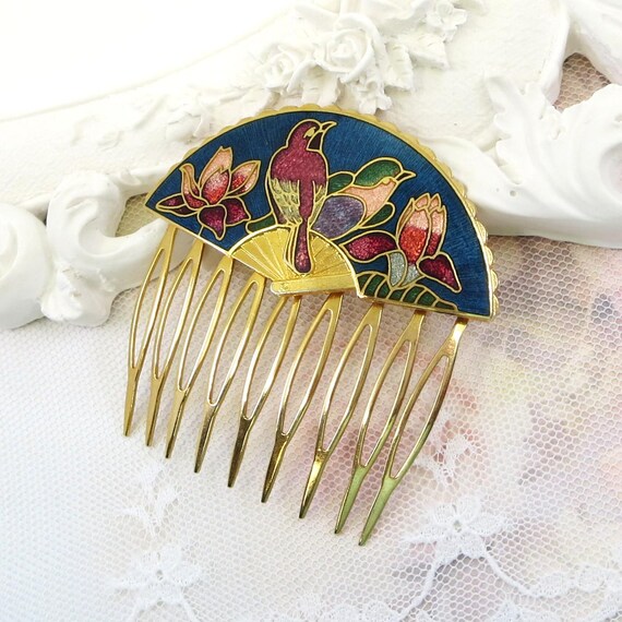 Vintage Cloisonne Hair Comb, Vintage Enamel Hair Comb, Bird 