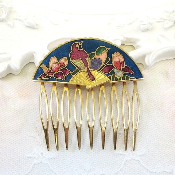Cloisonné Floral Vintage Gold Hair Comb - and Earrings Decorative Set Vtg cloisonne hair combs - Gem main image 4