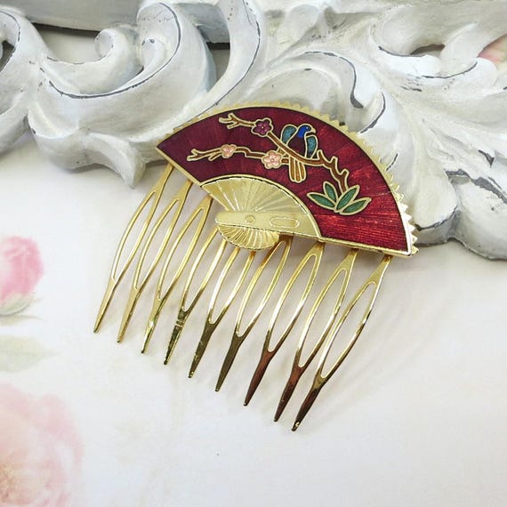 Vintage Cloisonne Hair Comb, Vintage Enamel Hair Comb, Bird  display picture 2