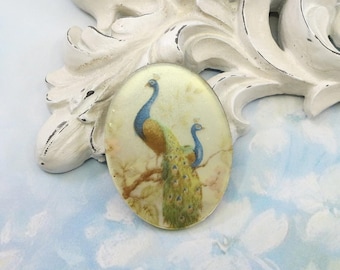 Vintage West German Peacock Cabochon, Vintage Mirrored Glass, 40x30mm, 1 piece