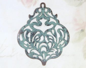 Sage Green Filigree Pendant, Green Patina Pendant Drop, Copper Plated, 60mm, 1 Piece
