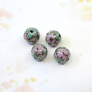 Vintage Chinese Cloisonne Beads, Vintage Enamel Flower Beads, 10mm, 4 pieces