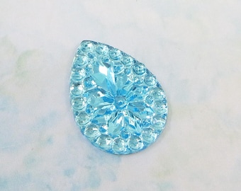 Vintage Aqua Blue Teardrop Glass Jewel, 25x18mm Glass Cabochon, Aquamarine, 2 pieces