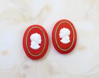 Vintage German Glass Cameo, Vintage 1950s, Red White Lady Cameo, Left Right Facing Pair, 18x13mm, 2 pieces