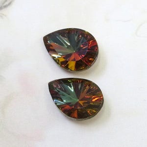Vintage West German Glass Jewels, RARE Dark Vitrail Glass, 18x13mm Pear Shape, 2 pieces