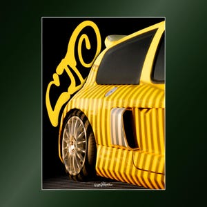 Renault Clio V6 Poster (Vintage Retro ad advertisement DTM WRC Yellow on Black Background german car hatchback)