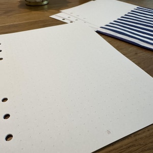 Könnte beinhalten: Ein Stapel weißer Papierbögen mit Punktgittermuster und vorgestanzten Löchern am linken Rand. Ein Blatt weist auf der Rückseite ein blau-weiß gestreiftes Muster auf. Das Papier ist für die Verwendung in einem Ringbuch oder Planer vorgesehen.