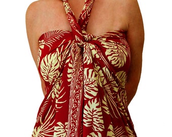 Plus Size 88"! Hawaiian Jungle Leaf Pareo - Batik Beach Sarong Wrap Skirt or Dress - Red & Creamy White Beach Sarong