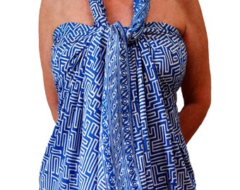 PLUS Size 90" - 92"" Batik Sarong - Women's Beach Wrap Skirt or Dress - Sky Blue & White Swim Cover Up