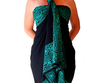 Paréo grande taille - Paréo batik noir et vert sarcelle - Vêtements grande taille pour femme - Robe de plage