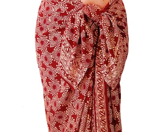 Beach Sarong Wrap Skirt - Red Batik Pareo - Women's or Men's Beachwear