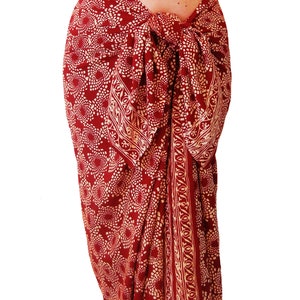 Beach Sarong Wrap Skirt - Red Batik Pareo - Women&#39;s or Men&#39;s Beachwear