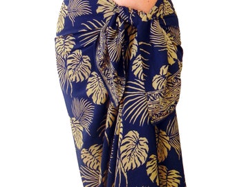 Batik Sarong in Midnight Blue & Tan - Hawaiian Jungle Leaf Pareo Beach Sarong Skirt