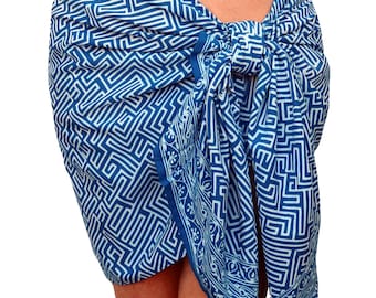 Short Batik Beach Sarong - Handmade Batik Pareo in Sky Blue & White - Mens of Womens Short Sarong - Swim Cover Up