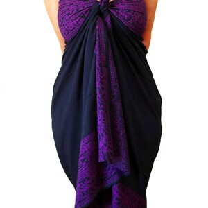 Hand-Batiked Rayon Sarong: Black & Purple Beach Wrap - Swim Cover Up image 4