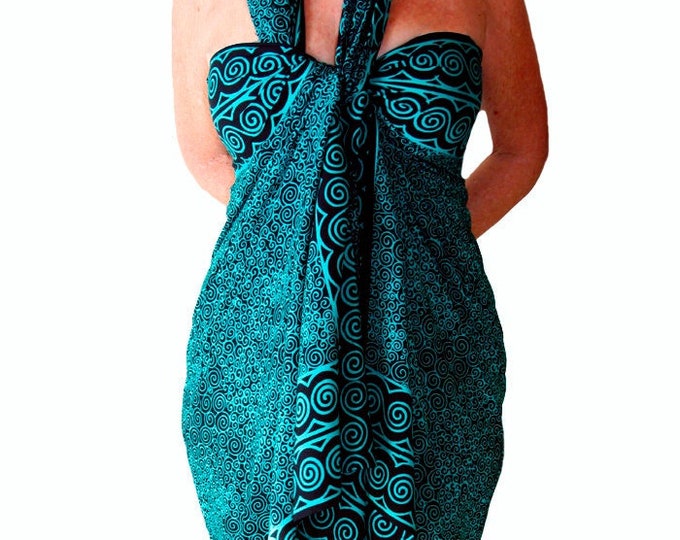 PLUS SIZE Clothing Beach Sarong Black & Teal Spirals Wrap Women's Batik ...