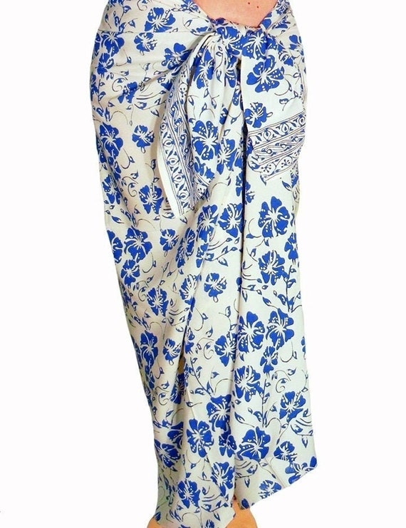 Hawaiian Hibiscus Flower Batik Beach Sarong in White & Blue - Wrap Dress or Skirt