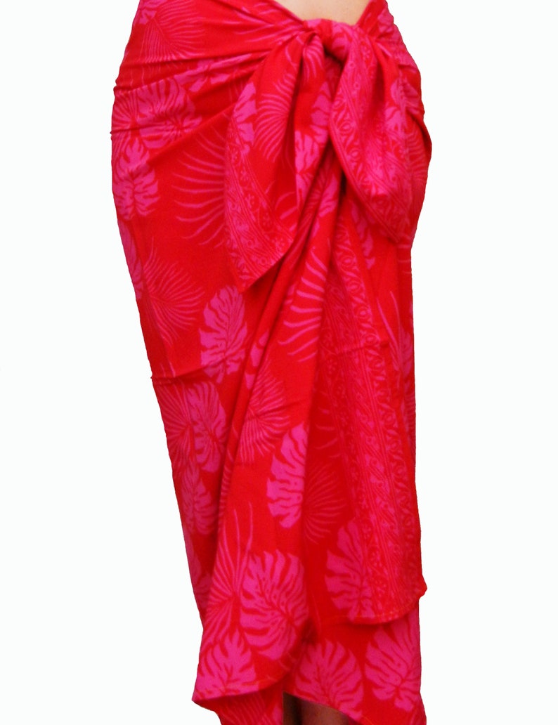 Batik Sarong in Midnight Blue & Tan Hawaiian Jungle Leaf Pareo Beach Sarong Skirt Red & Pink