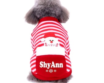 For Small Dogs - Christmas Pajamas Custom Name in Red and White Peppermint Stripe - Dog Christmas Sweater Pajamas