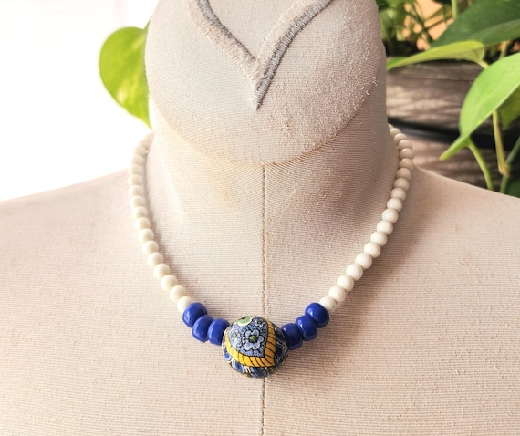 Vintage Milk Glass Necklace: Hand-Painted Floral Wood Bead, 1930s-40s