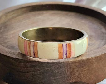 Vintage 1980s Inlaid Brass Bracelet Cuff - Watercolor Vertical Stripes - Purple, Pink, Orange