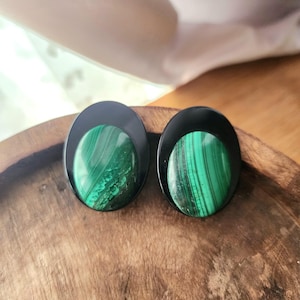 Vintage Bold Malachite and Onyx Earrings - 1980s Large Clip Ons - Natural Stones