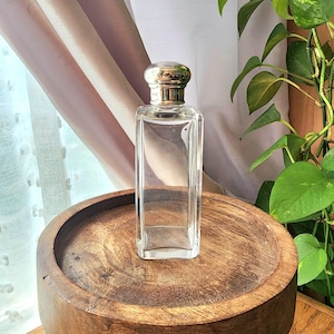 Vintage 1900s Heavy Perfume Bottle with Sterling Silver Cap - Square Apothecary Bottle Beveled Cut Glass