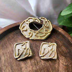 Vintage 80s Brooch and Earrings Set - Modernist Brutalist Silver and Gold