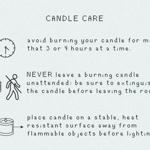 May include: A graphic with candle care advice in black text on a white background. Instructions include burn time limits, safety warnings about unattended candles, and placing candles on stable, heat-resistant surfaces.