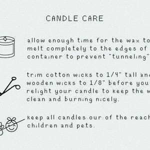 May include: White background with text: "CANDLE CARE". Instructions include allowing wax to melt, trimming wicks to 0.6 cm and 0.3 cm, and keeping candles away from children and pets. Includes illustrations of a candle and scissors.