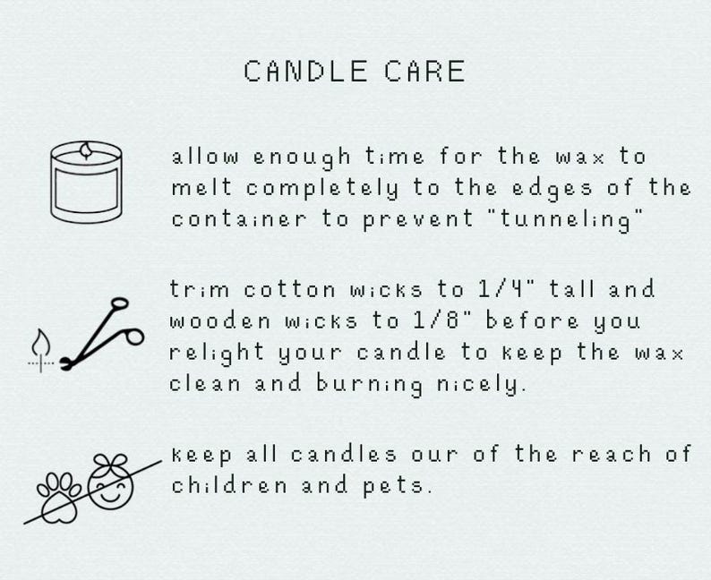 May include: White background with text: "CANDLE CARE". Instructions include allowing wax to melt, trimming wicks to 0.6 cm and 0.3 cm, and keeping candles away from children and pets. Includes illustrations of a candle and scissors.
