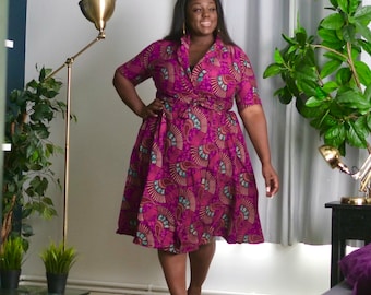 Purple Plus Size Wrap Dress, Ankara Flared Purple Wrap Skirt, Plus Size Flared Dress, Large Wrap Purple African Dress