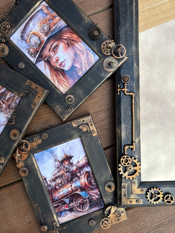 Steampunk picture frames with gears poster frame metal photo frame Loft frames  bronze black gothic frames Industrial photo frames