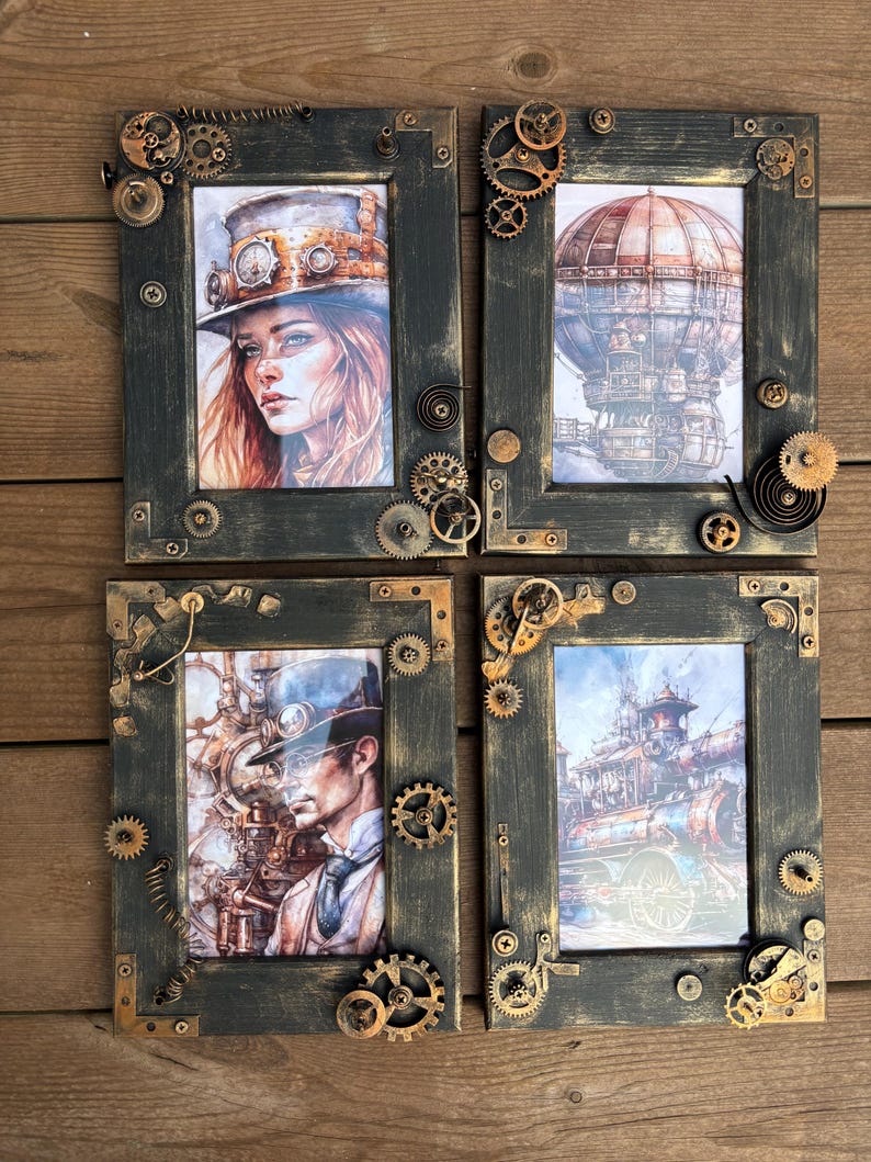 May include: Four black picture frames with gold accents and steampunk-themed artwork. The frames are decorated with gears, cogs, and other metal embellishments. The artwork includes a woman in a steampunk hat, a hot air balloon, a steampunk train, and a man in a steampunk hat.