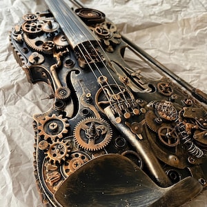Violon steampunk avec engrenages et éléments métalliques Instrument de musique avec éléments mécaniques Décoration murale steampunk statuette steampunk