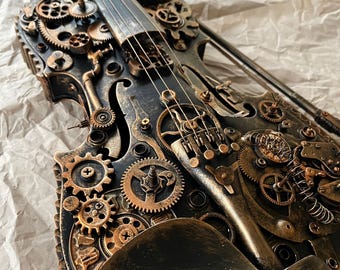 Steampunk violin  with gears and metal elements Musical instrument with mechanical elements Steampunk wall decor steampunk statuette