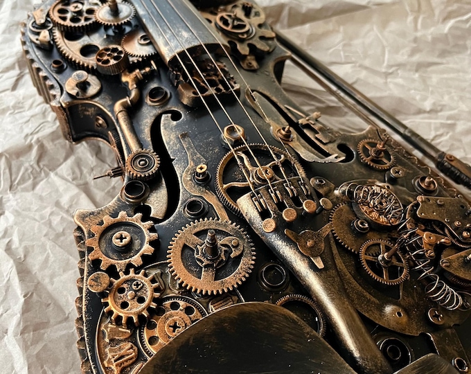 Steampunk violin  with gears and metal elements Musical instrument with mechanical elements Steampunk wall decor steampunk statuette