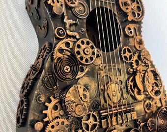 Steampunk Guitar, industrial decor guitar with gears guitar lover gifts, music gifts for men, steampunk furniture music wall art metal art